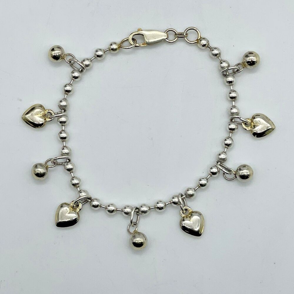 925 Sterling Silver Ball and Gold Tone Heart Design Bracelet 12.6 Grams Coquette